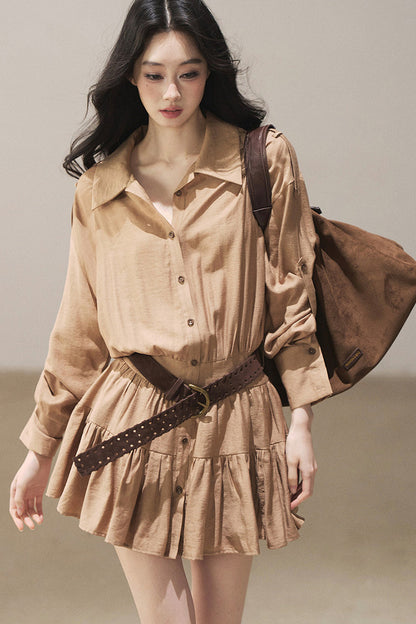Chestnut Brown Shirt Dress And Pants Set-Up