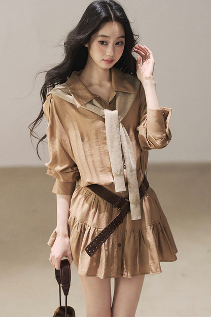 Chestnut Brown Shirt Dress And Pants Set-Up