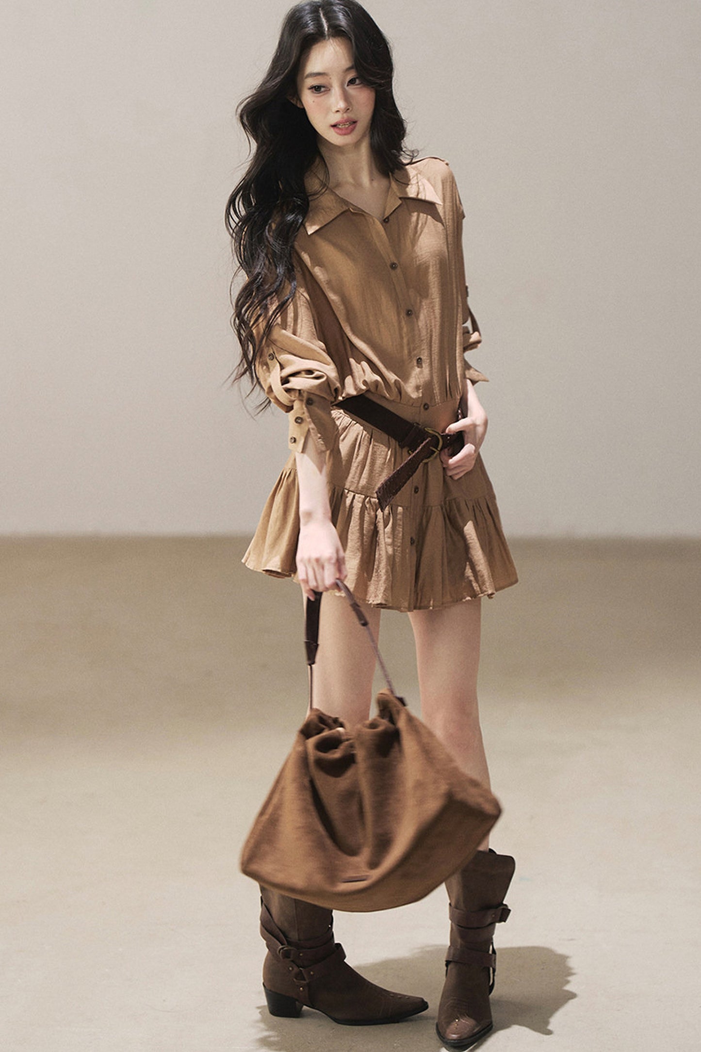 Chestnut Brown Shirt Dress And Pants Set-Up