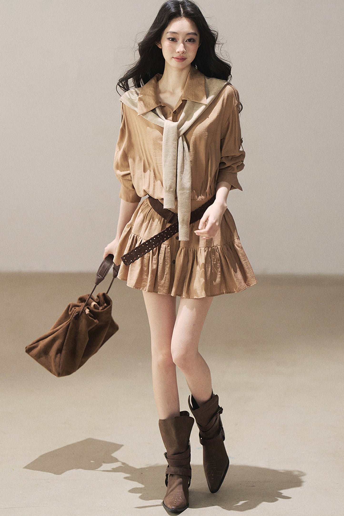 Chestnut Brown Shirt Dress And Pants Set-Up