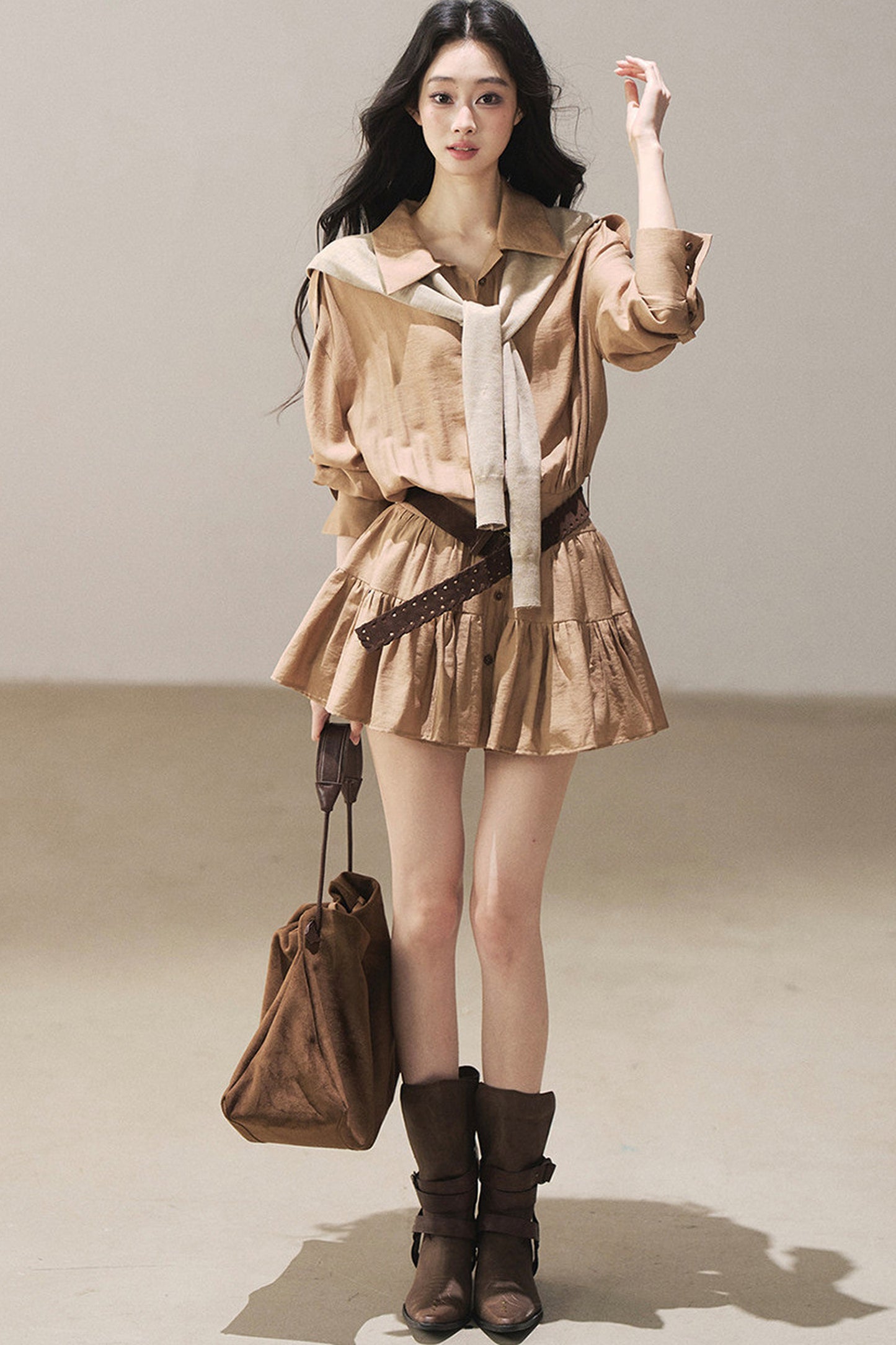 Chestnut Brown Shirt Dress And Pants Set-Up