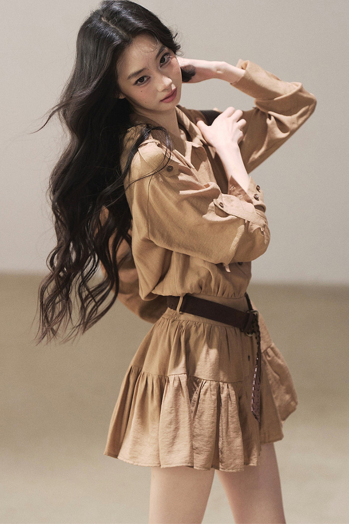 Chestnut Brown Shirt Dress And Pants Set-Up