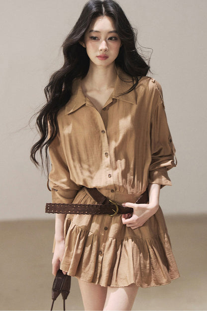 Chestnut Brown Shirt Dress And Pants Set-Up