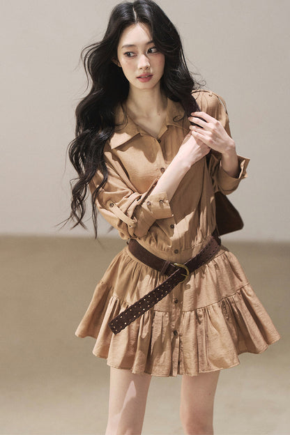 Chestnut Brown Shirt Dress And Pants Set-Up