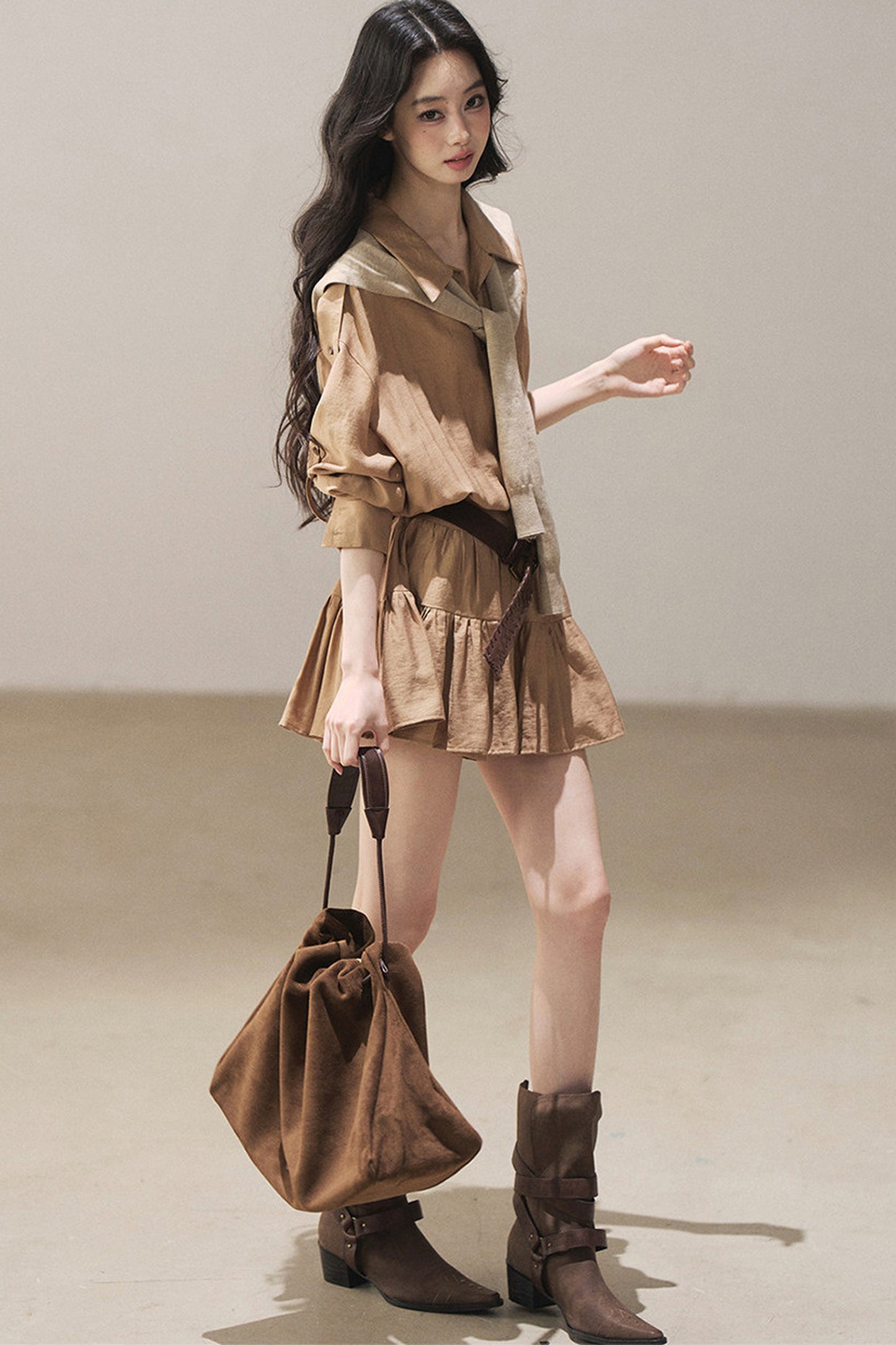 Chestnut Brown Shirt Dress And Pants Set-Up