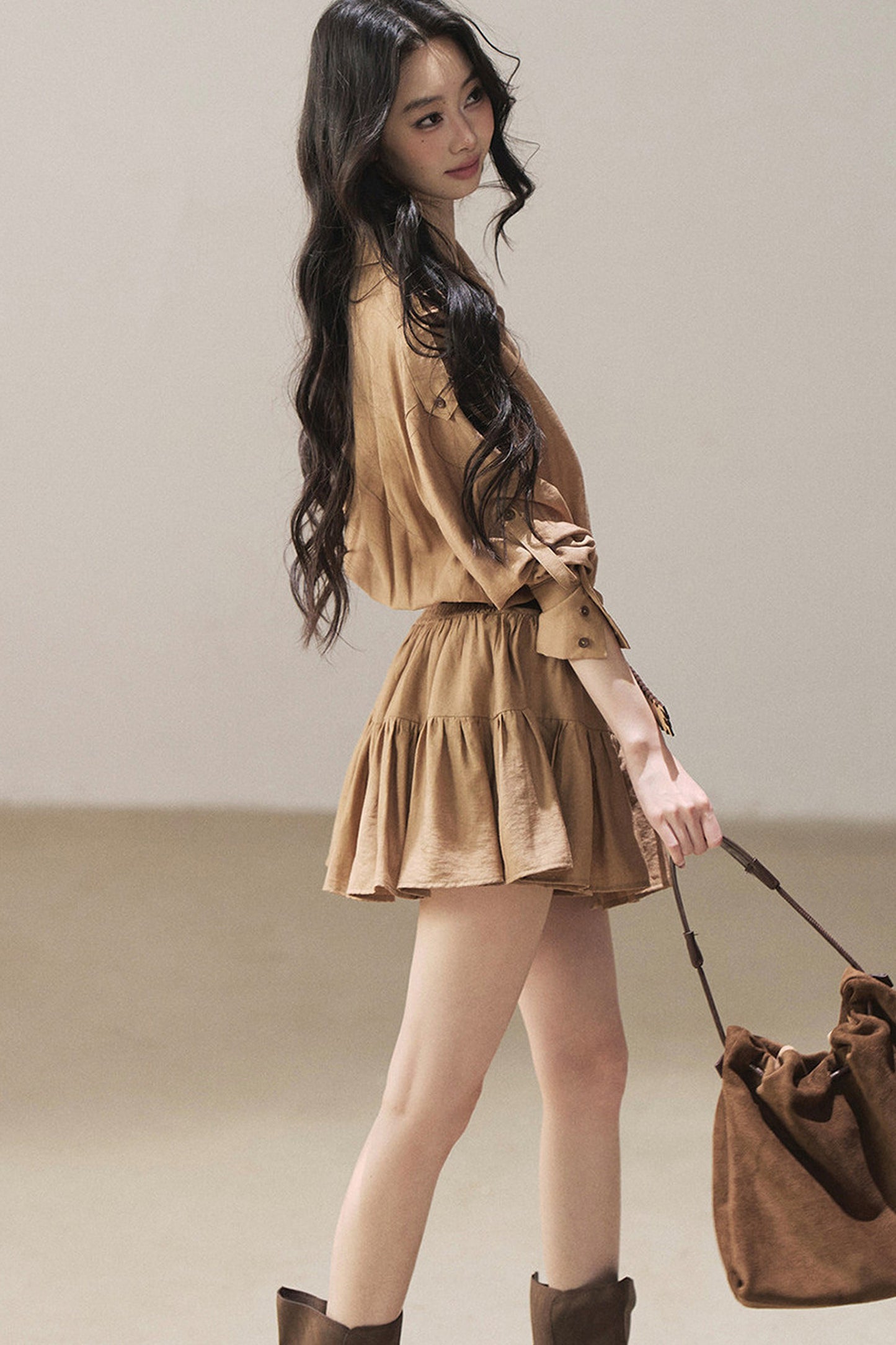 Chestnut Brown Shirt Dress And Pants Set-Up