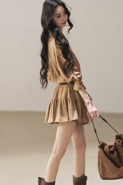 Chestnut Brown Shirt Dress And Pants Set-Up