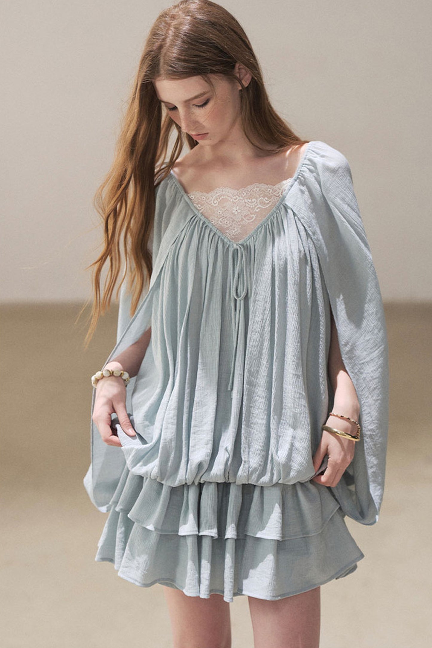Lace Shawl Tiered Dress and Leggings Set-Up