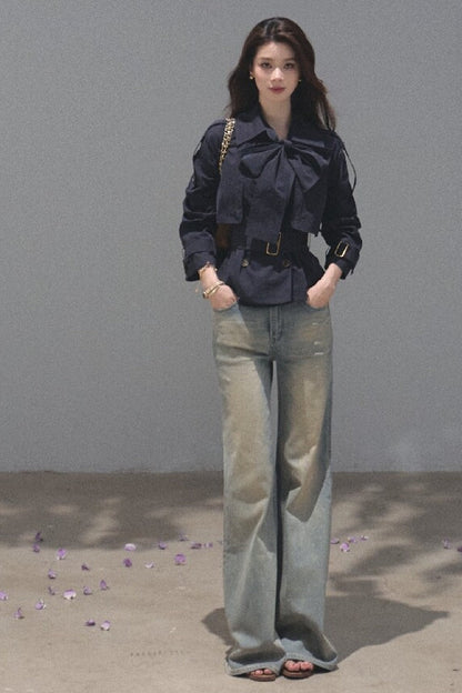 Salt-Washed Gradient Loose Wide-Leg Flared Jeans