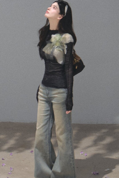 Salt-Washed Gradient Loose Wide-Leg Flared Jeans