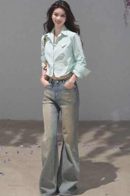Salt-Washed Gradient Loose Wide-Leg Flared Jeans