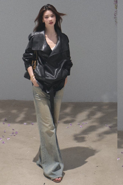 Salt-Washed Gradient Loose Wide-Leg Flared Jeans