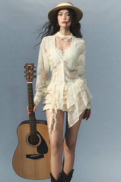 Creamy Lace Patchwork Adjustable Shirt and Stretch Shorts Set-Up