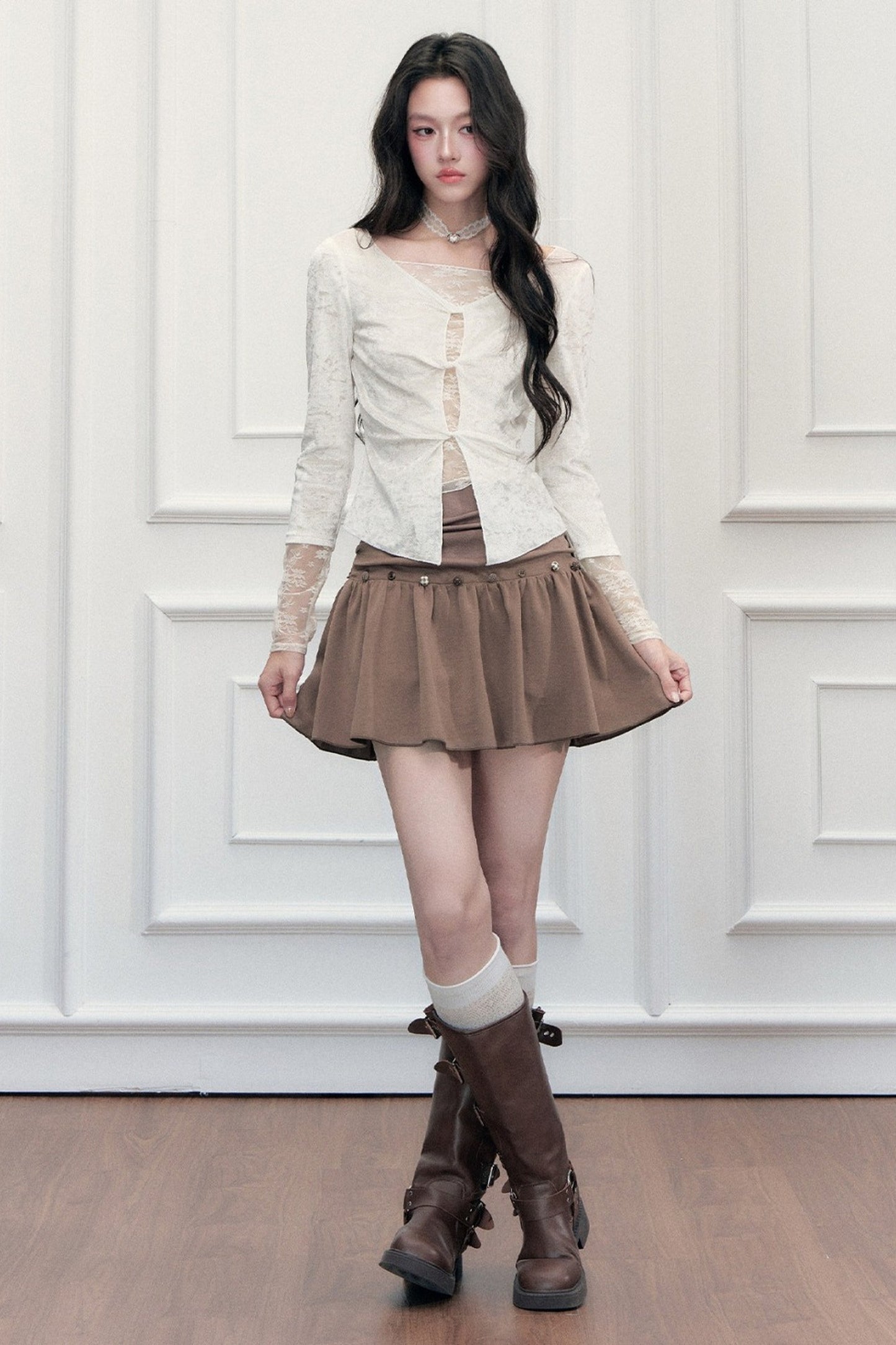 Brown Button High-Waisted A-Line Skirt
