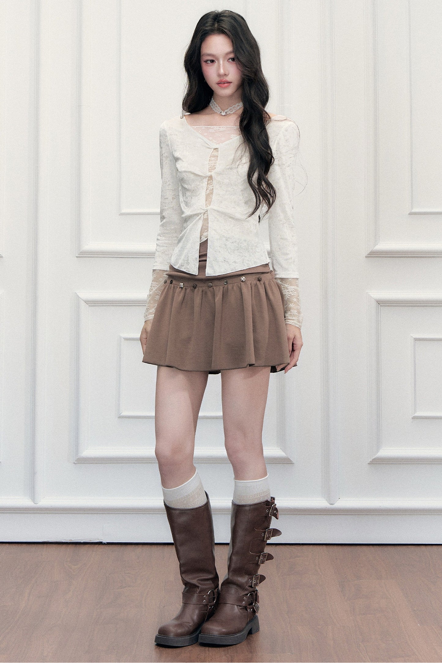 Brown Button High-Waisted A-Line Skirt