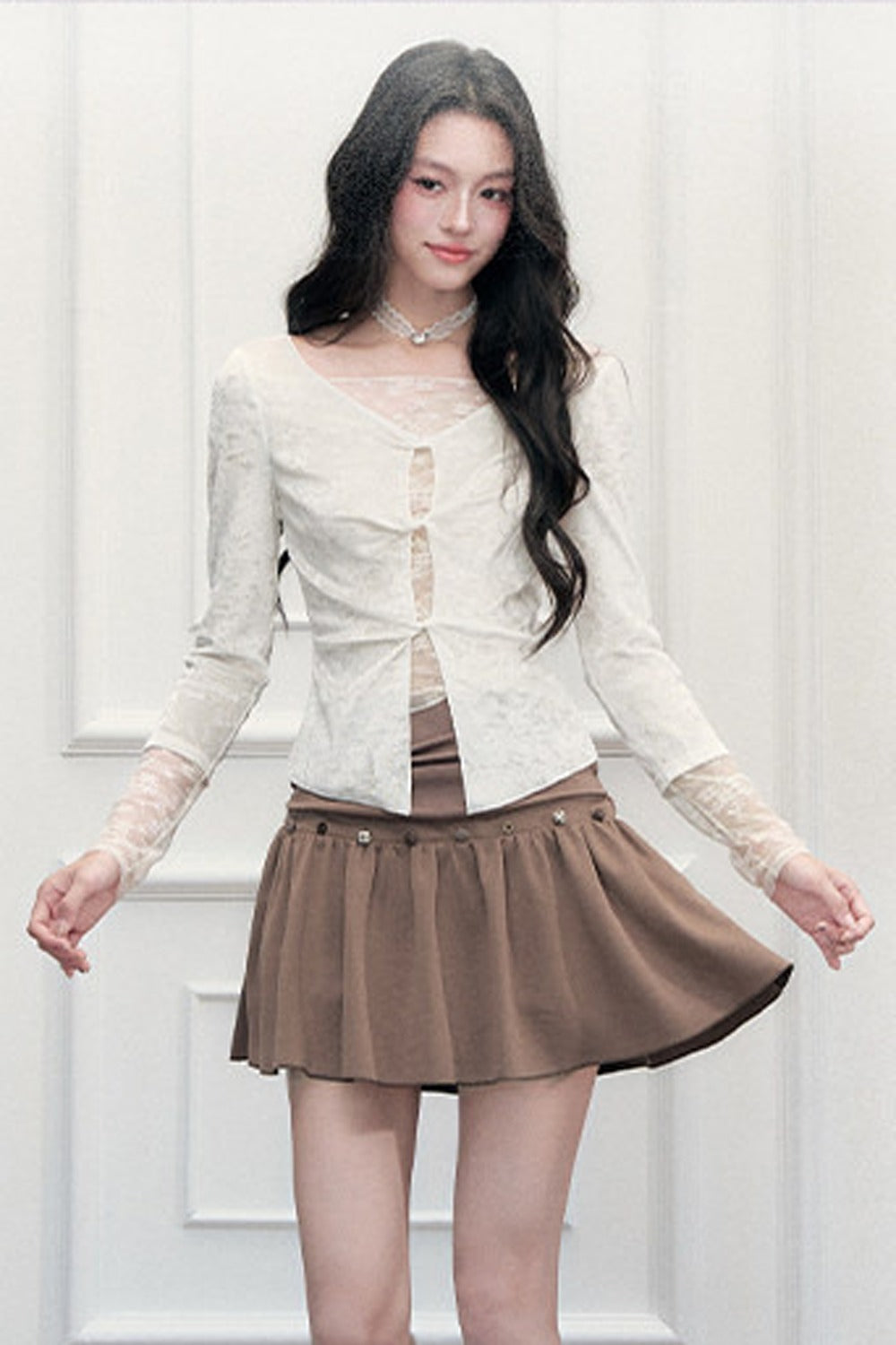 Brown Button High-Waisted A-Line Skirt