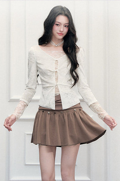 Brown Button High-Waisted A-Line Skirt
