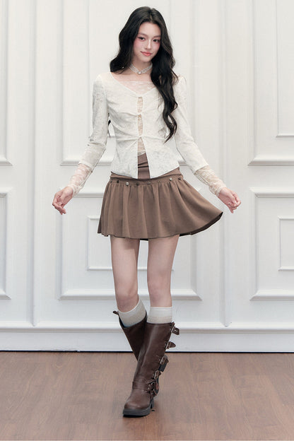 Brown Button High-Waisted A-Line Skirt
