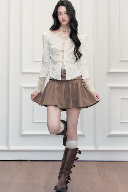 Brown Button High-Waisted A-Line Skirt