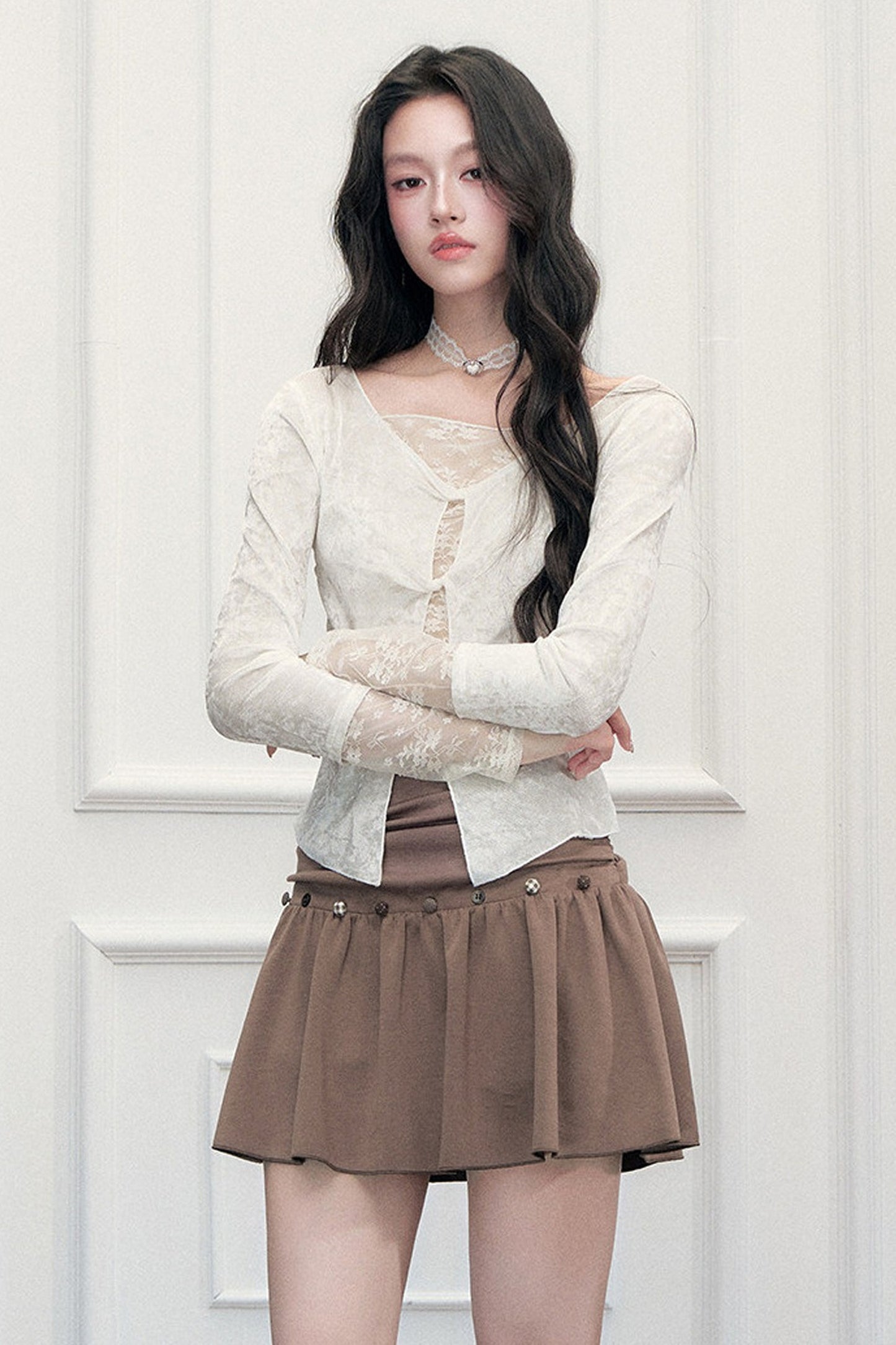 Brown Button High-Waisted A-Line Skirt