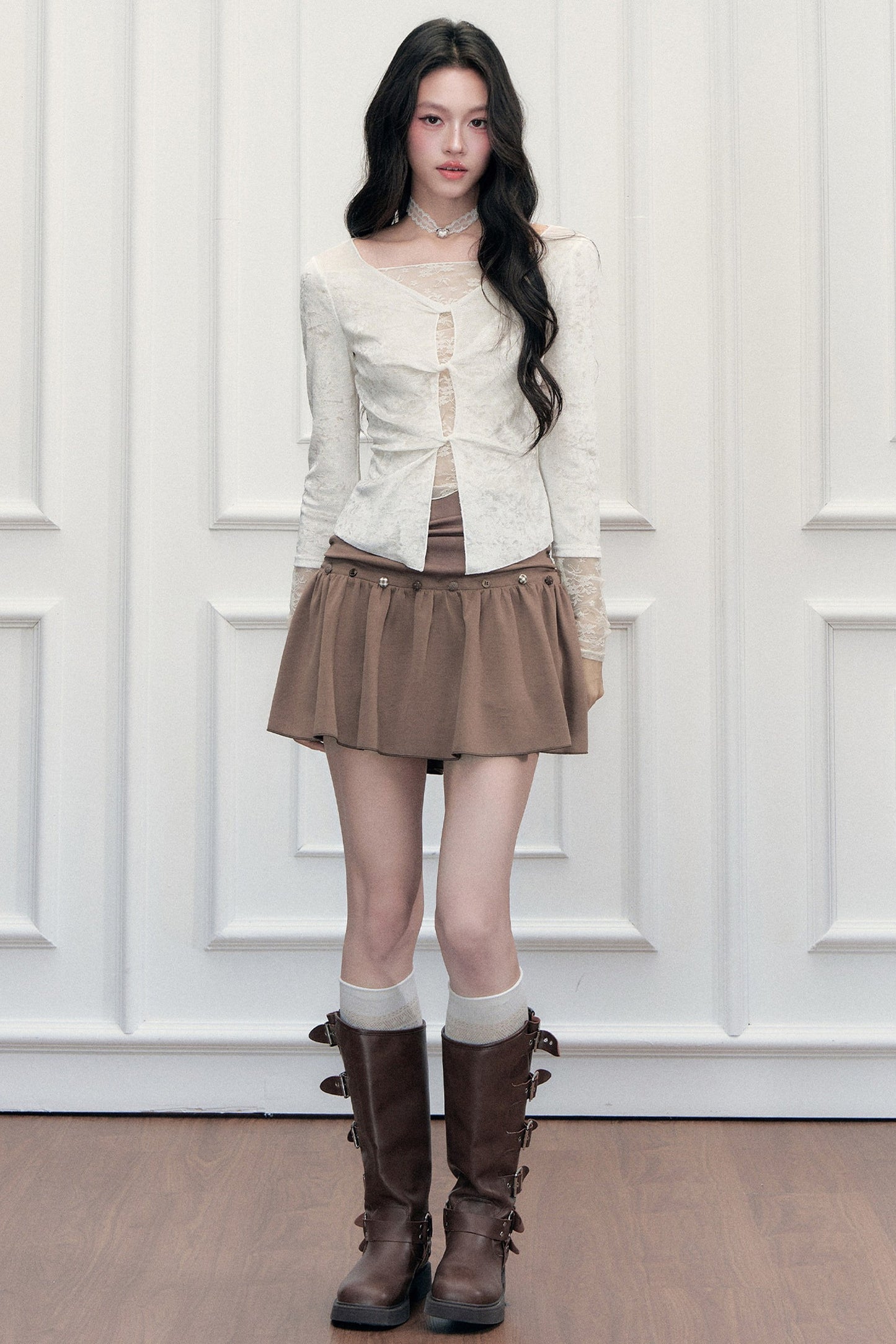 Brown Button High-Waisted A-Line Skirt