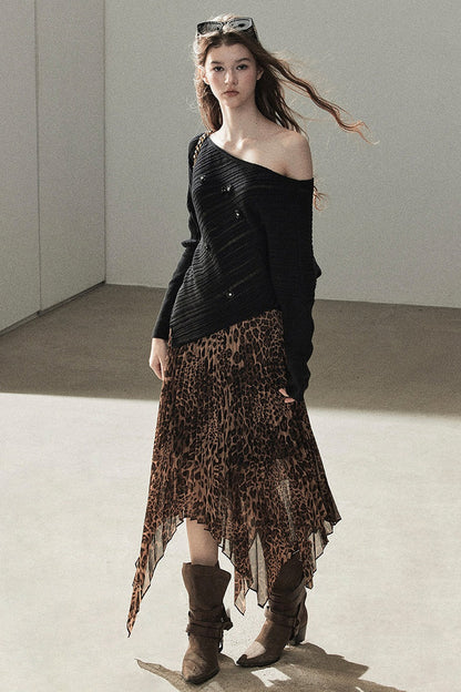 Irregular Hem Stacked Pleats Leopard Skirt
