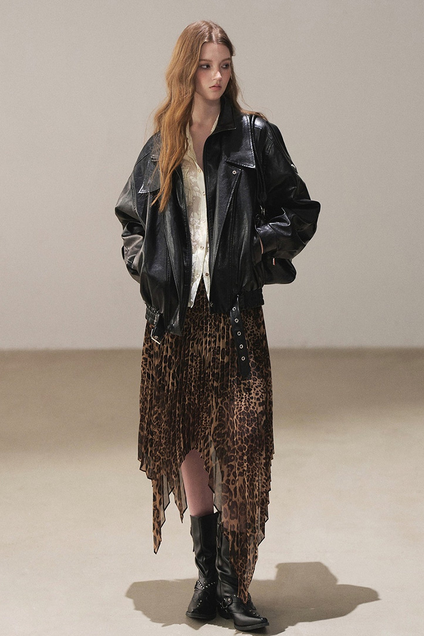 Irregular Hem Stacked Pleats Leopard Skirt