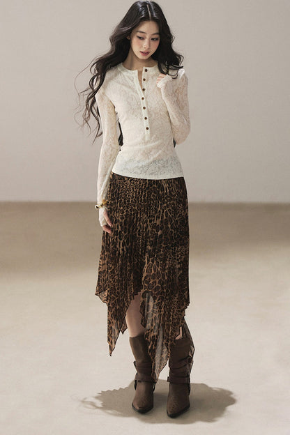 Irregular Hem Stacked Pleats Leopard Skirt