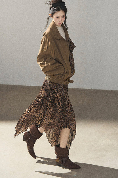 Irregular Hem Stacked Pleats Leopard Skirt