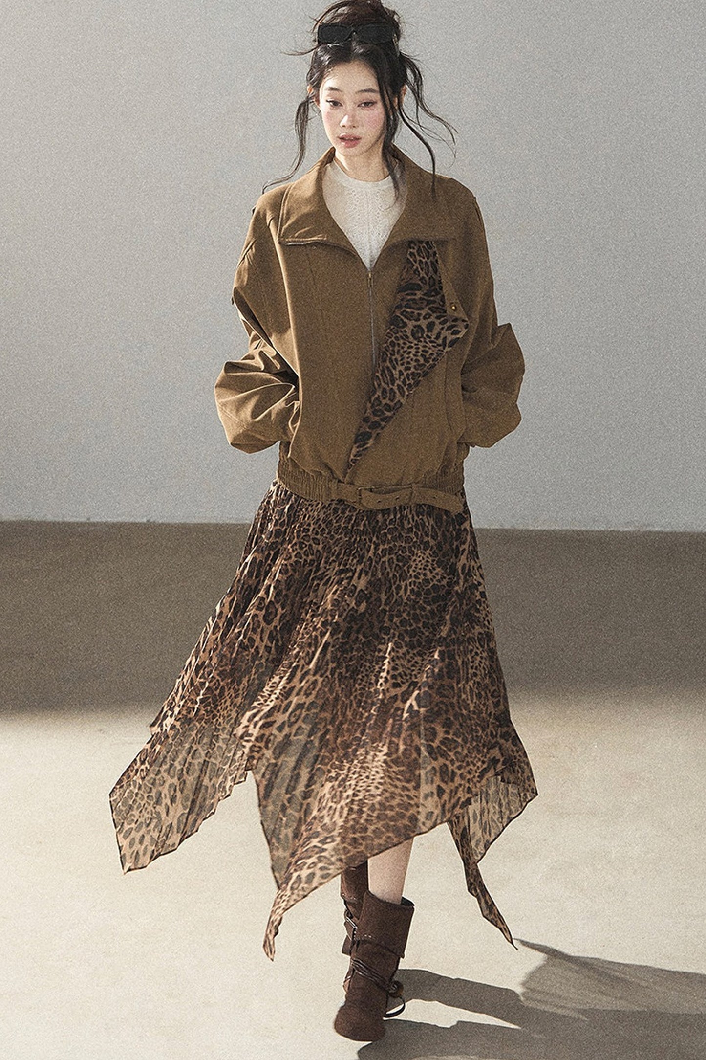 Irregular Hem Stacked Pleats Leopard Skirt