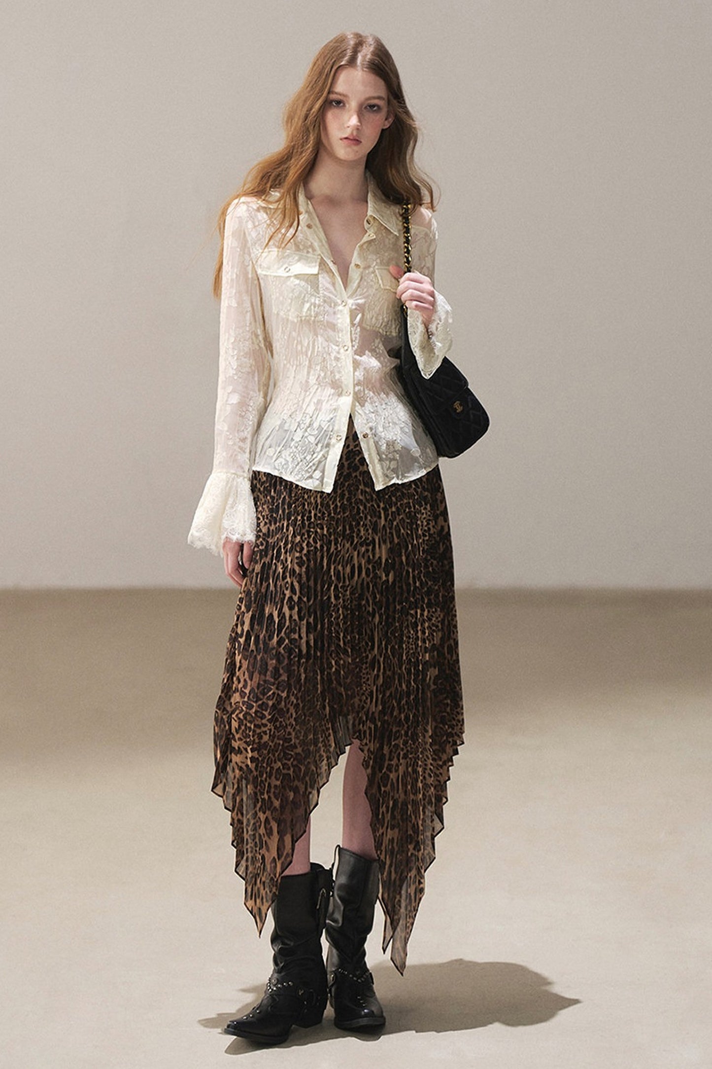 Irregular Hem Stacked Pleats Leopard Skirt