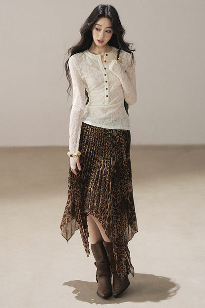 Irregular Hem Stacked Pleats Leopard Skirt