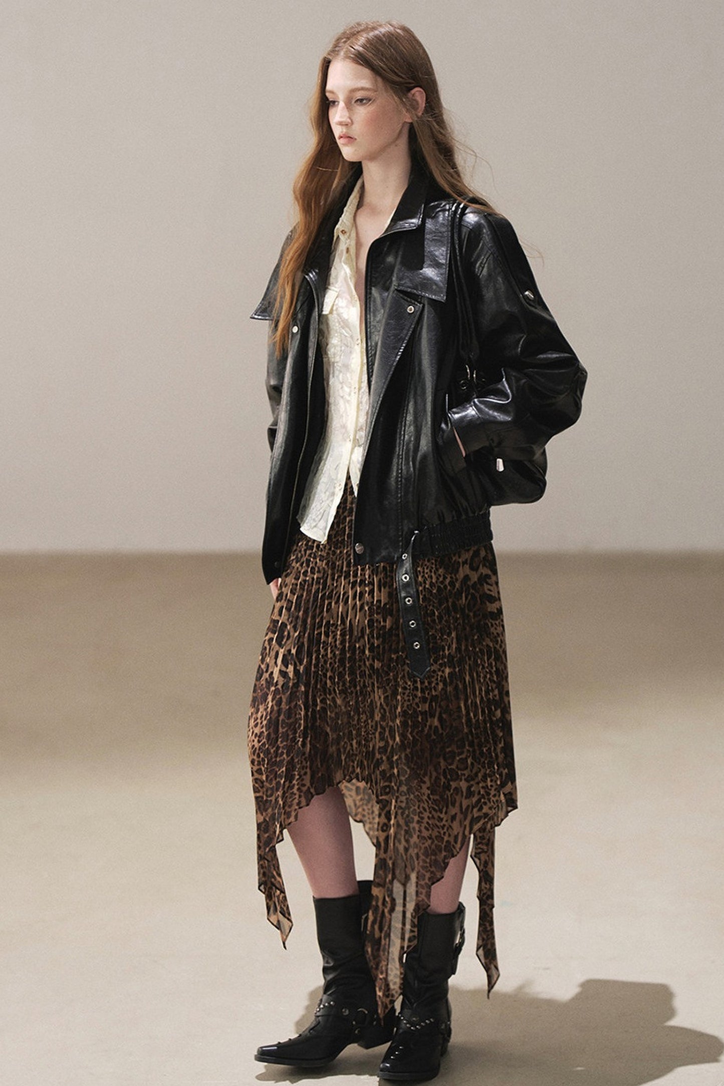 Irregular Hem Stacked Pleats Leopard Skirt
