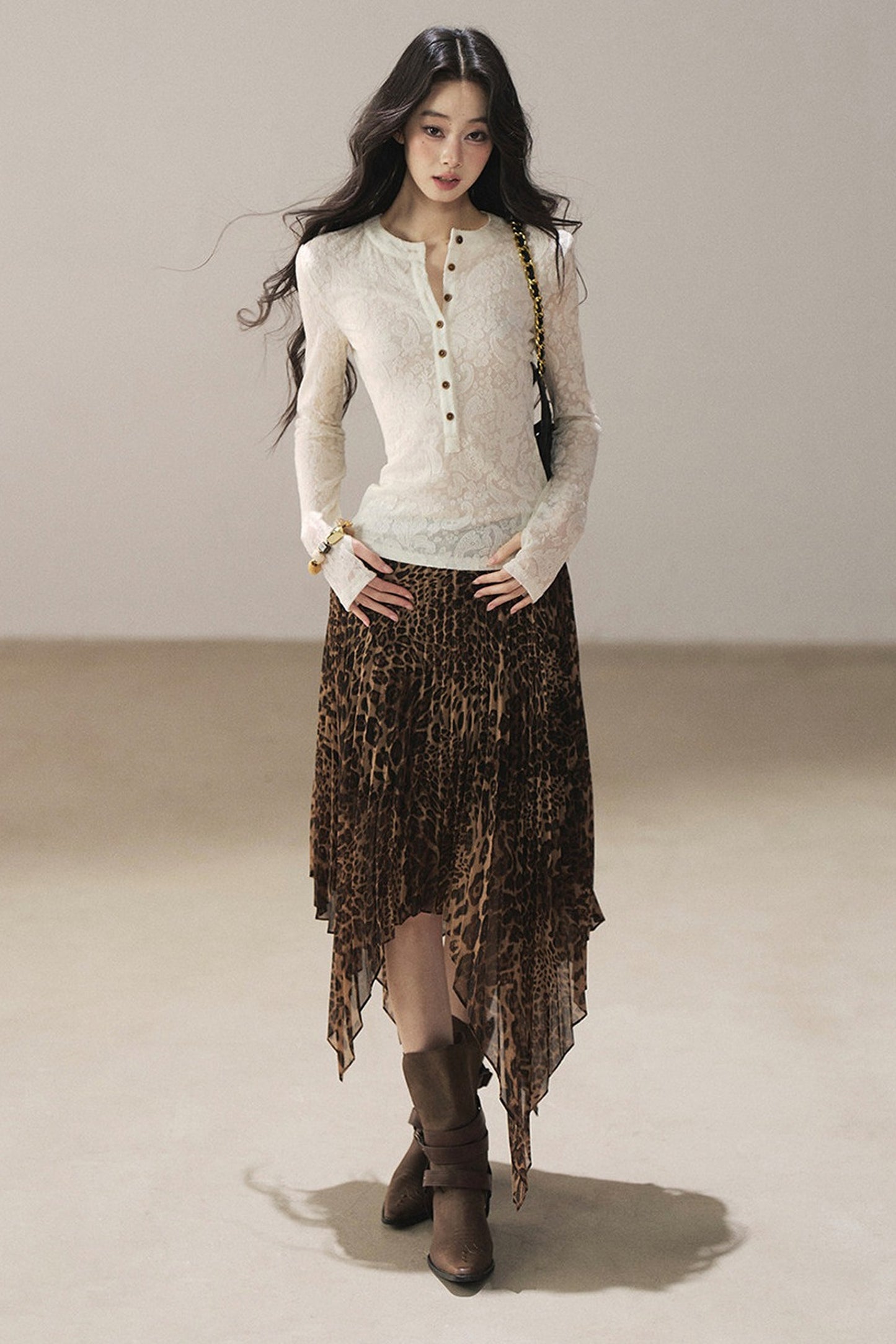 Irregular Hem Stacked Pleats Leopard Skirt