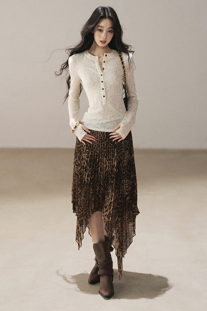 Irregular Hem Stacked Pleats Leopard Skirt