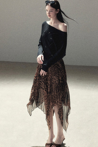 Irregular Hem Stacked Pleats Leopard Skirt