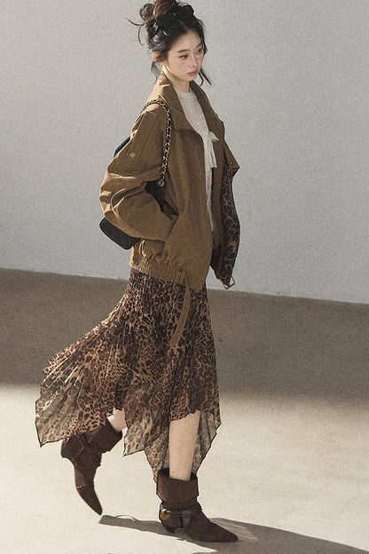 Irregular Hem Stacked Pleats Leopard Skirt
