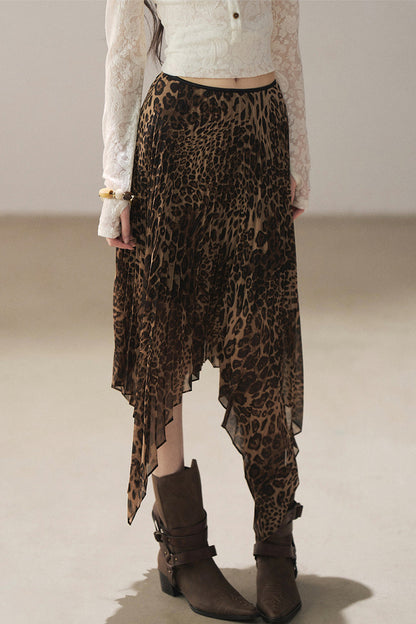 Irregular Hem Stacked Pleats Leopard Skirt