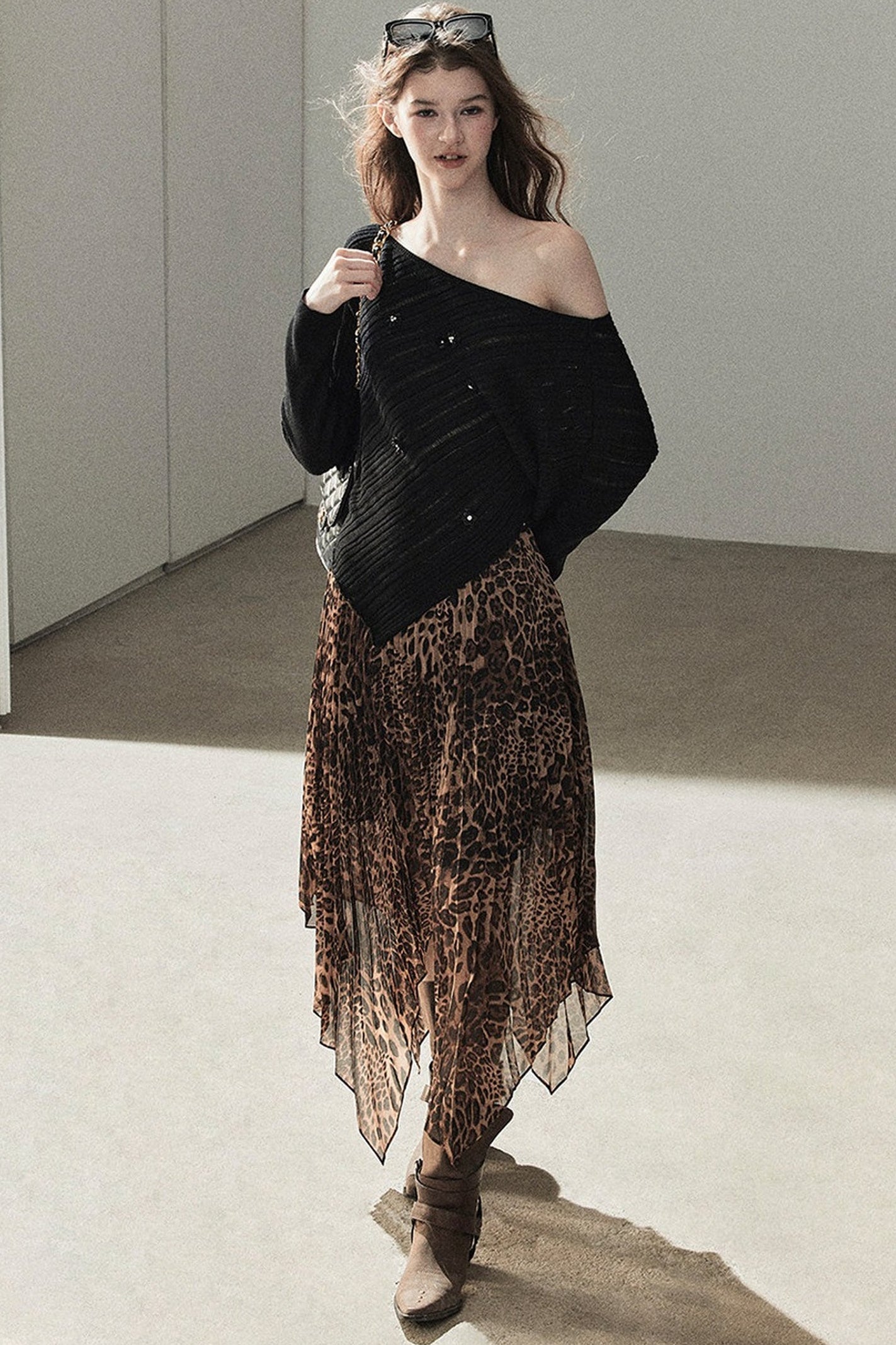 Irregular Hem Stacked Pleats Leopard Skirt