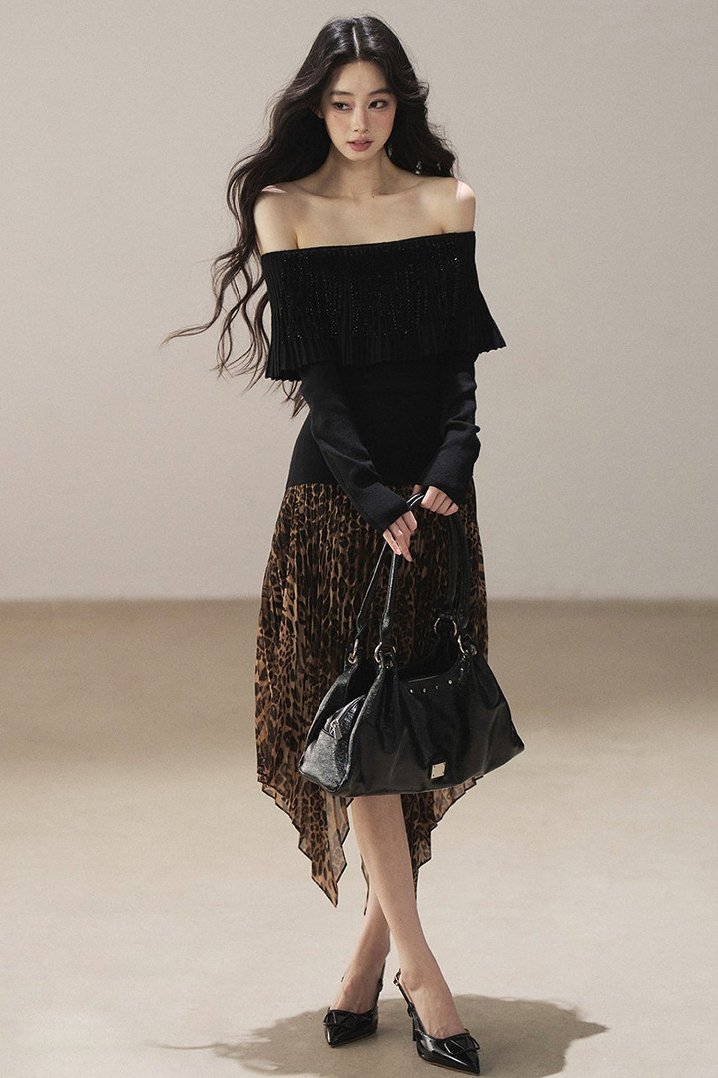 Irregular Hem Stacked Pleats Leopard Skirt