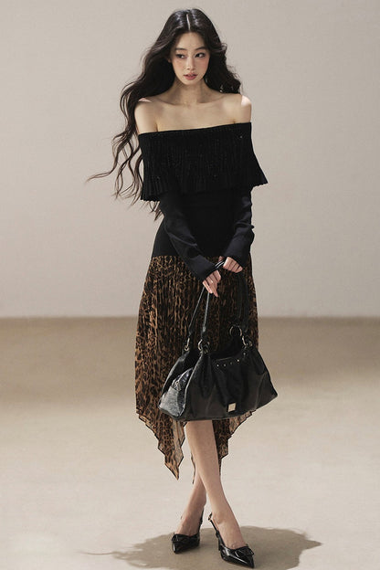 Irregular Hem Stacked Pleats Leopard Skirt