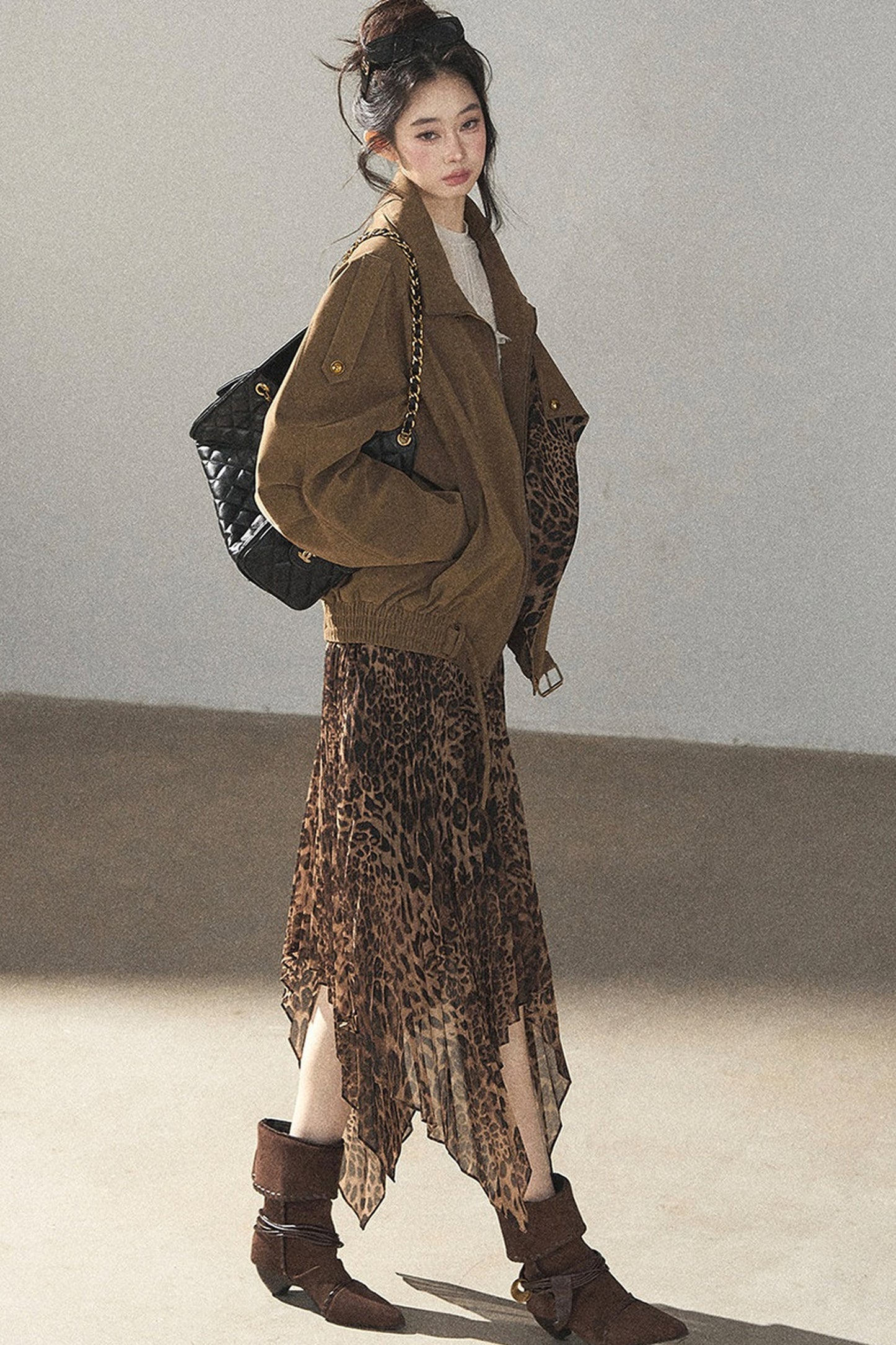 Irregular Hem Stacked Pleats Leopard Skirt