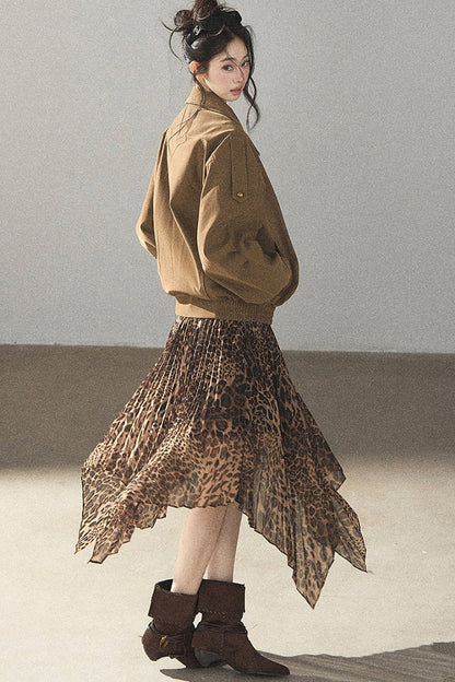 Irregular Hem Stacked Pleats Leopard Skirt