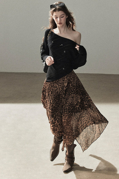 Irregular Hem Stacked Pleats Leopard Skirt