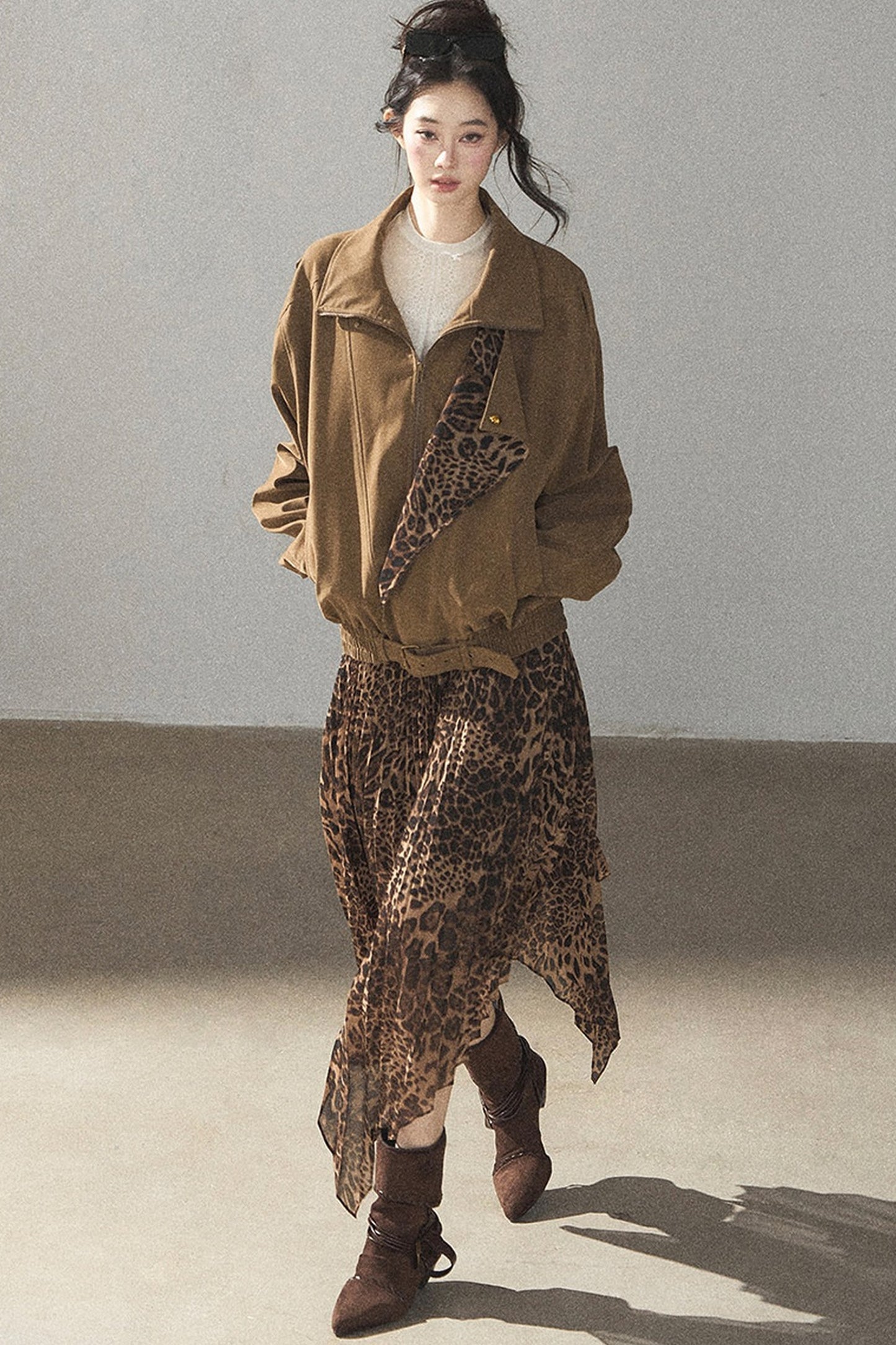 Irregular Hem Stacked Pleats Leopard Skirt