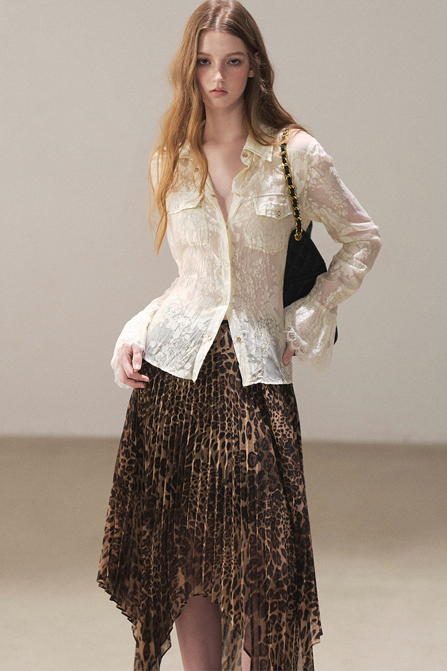 Irregular Hem Stacked Pleats Leopard Skirt