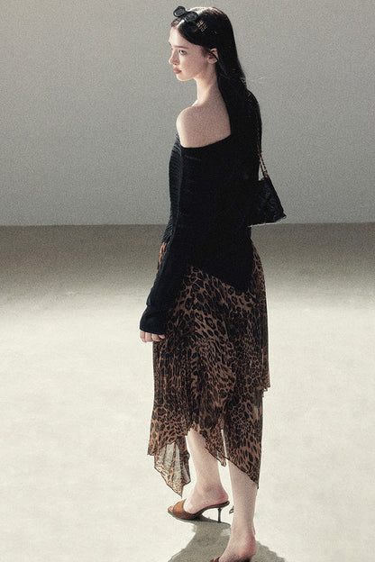 Irregular Hem Stacked Pleats Leopard Skirt