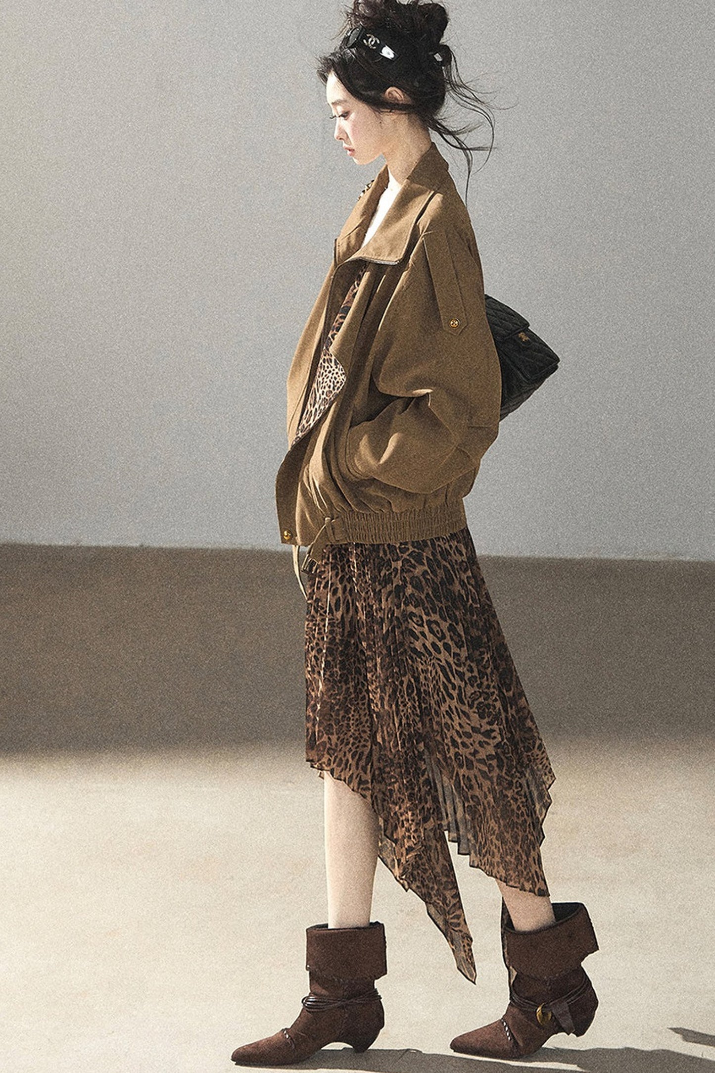 Irregular Hem Stacked Pleats Leopard Skirt