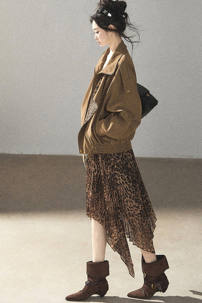 Irregular Hem Stacked Pleats Leopard Skirt