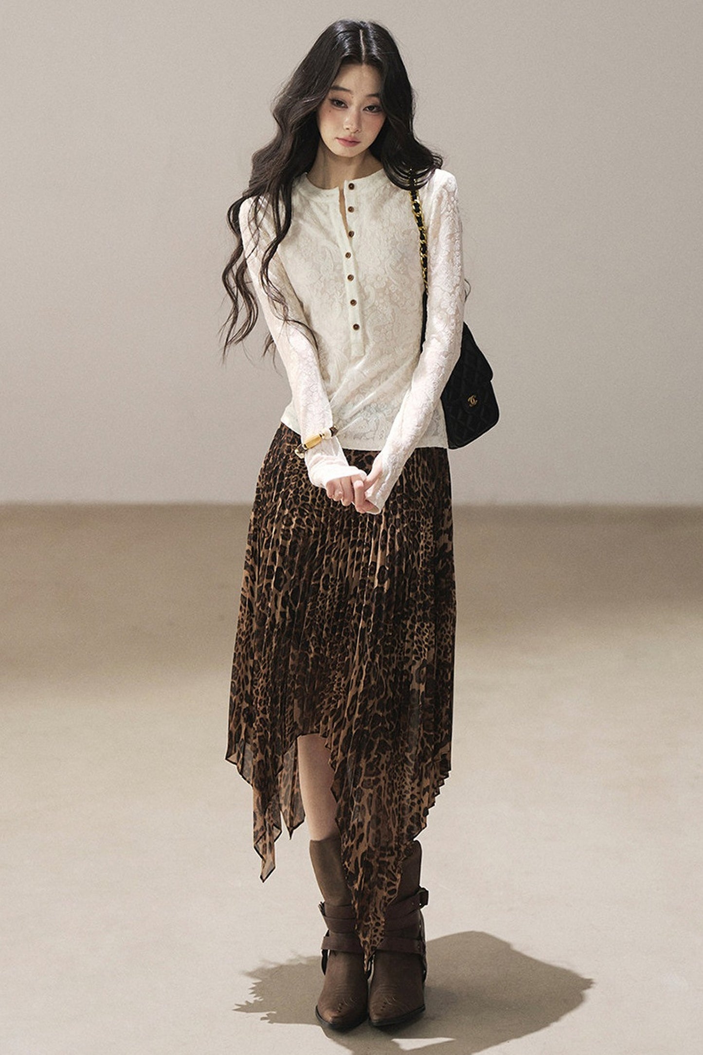 Irregular Hem Stacked Pleats Leopard Skirt